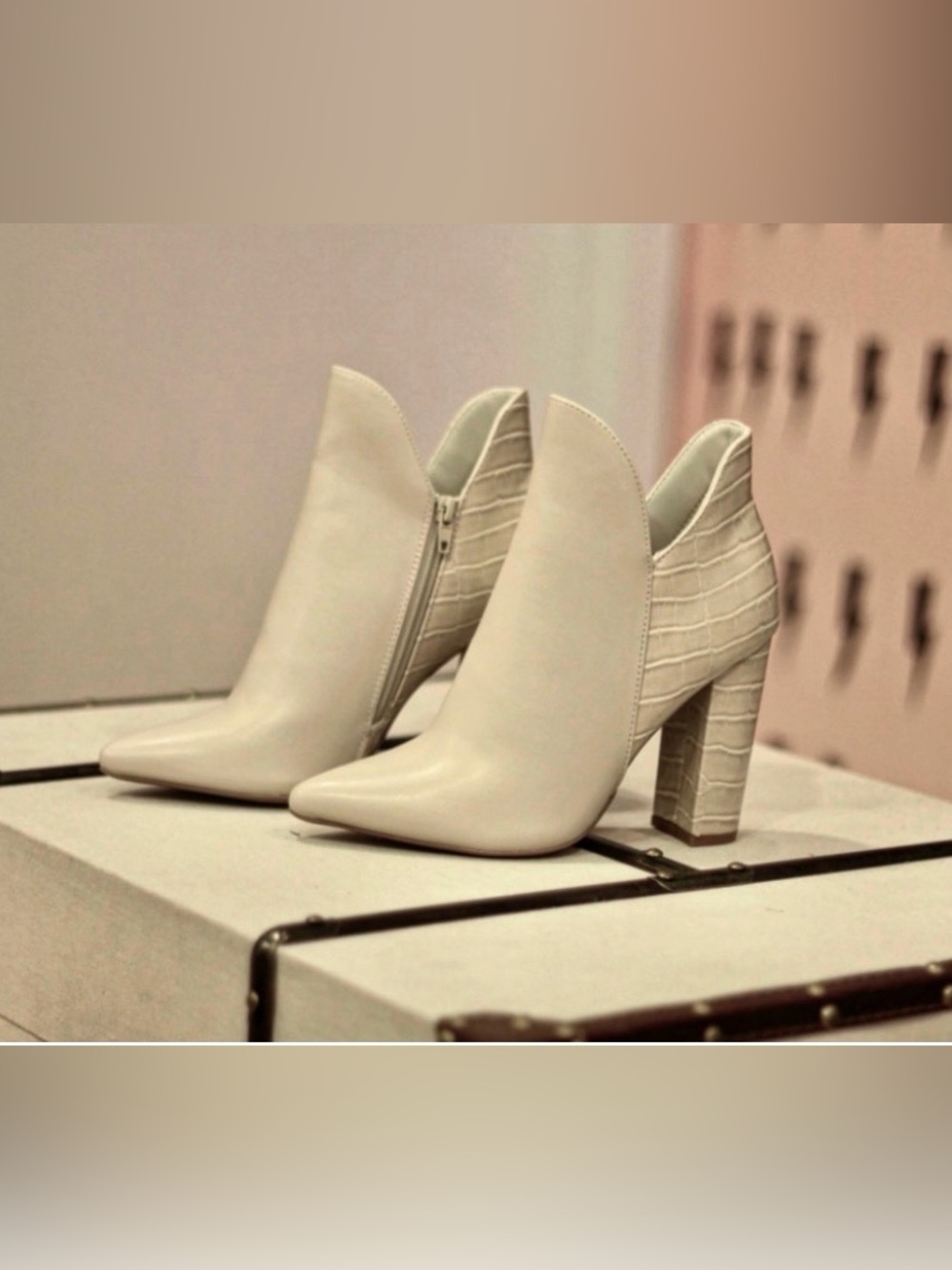 Qupid Cream Pointed Toe Croc-Panel Ankle Booties